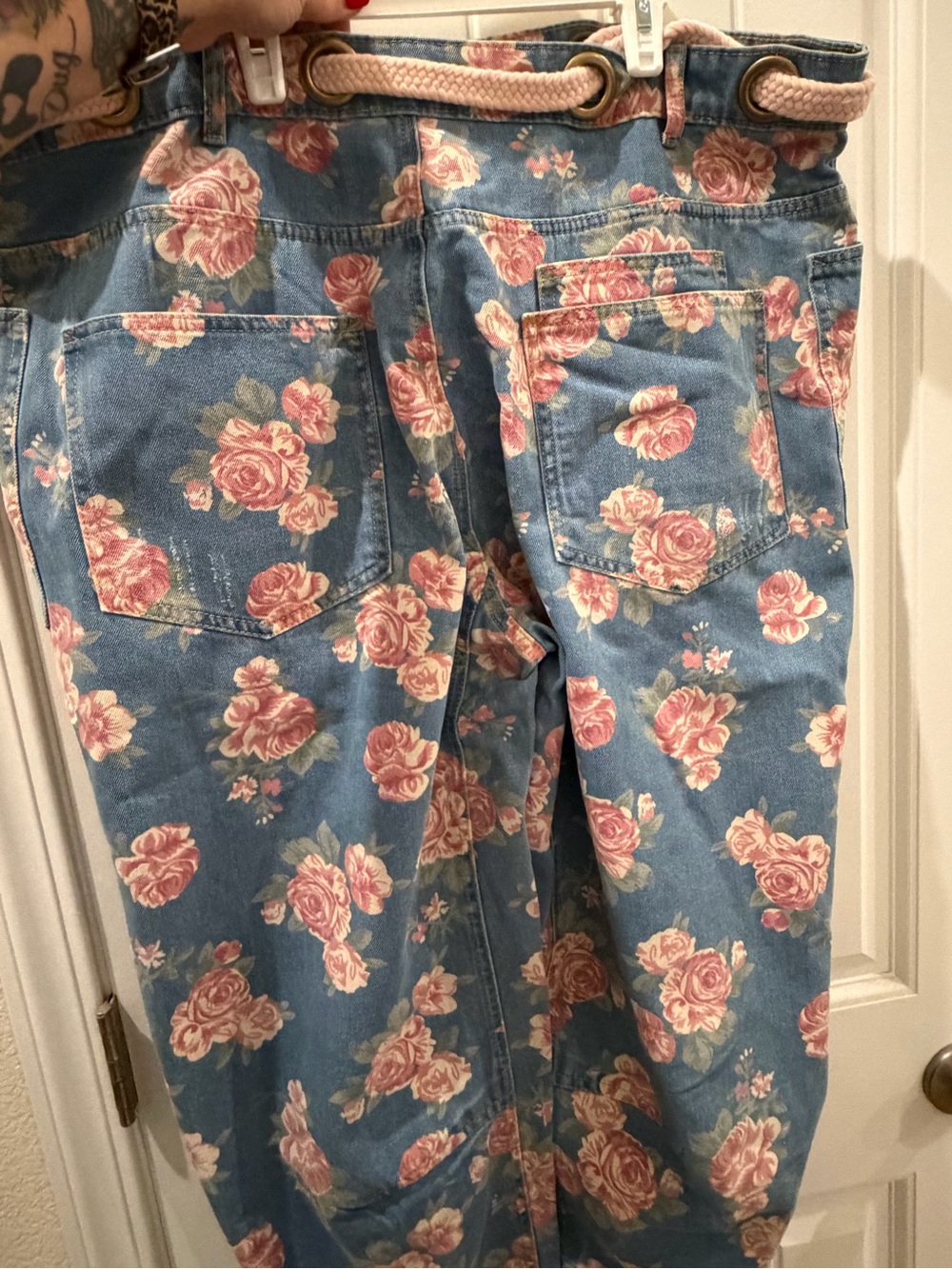 BiBi Denim Jeans with Pink Rose Print and Rope Tie - Picture 3 of 5